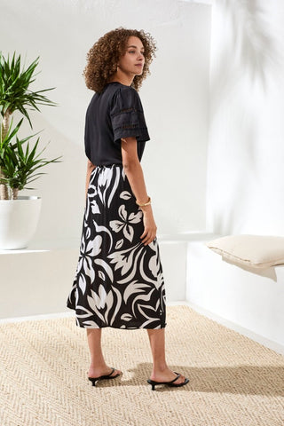 Printed Wrap‑Front Pull‑On Midi Skirt-Black