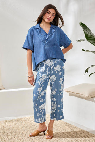 Drape Denim Printed Wide Leg Button At Waist Pants -Seasideblue