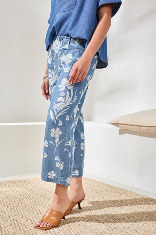 Drape Denim Printed Wide Leg Button At Waist Pants -Seasideblue