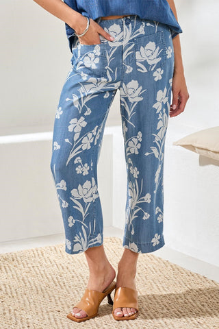 Drape Denim Printed Wide Leg Button At Waist Pants -Seasideblue