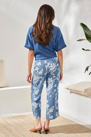 Drape Denim Printed Wide Leg Button At Waist Pants -Seasideblue