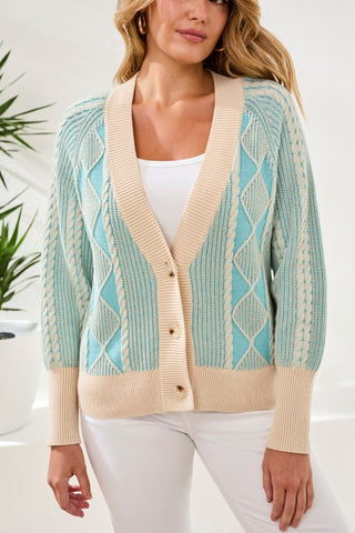 Two-Tone Diamond Knit Combed Cotton Cardigan-Aqua sky