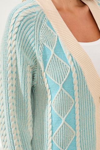 Two-Tone Diamond Knit Combed Cotton Cardigan-Aqua sky