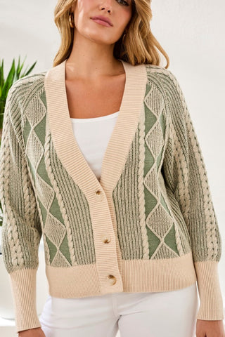 Two-Tone Diamond Knit Combed Cotton Cardigan-Moss