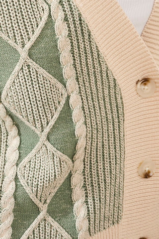 Two-Tone Diamond Knit Combed Cotton Cardigan-Moss