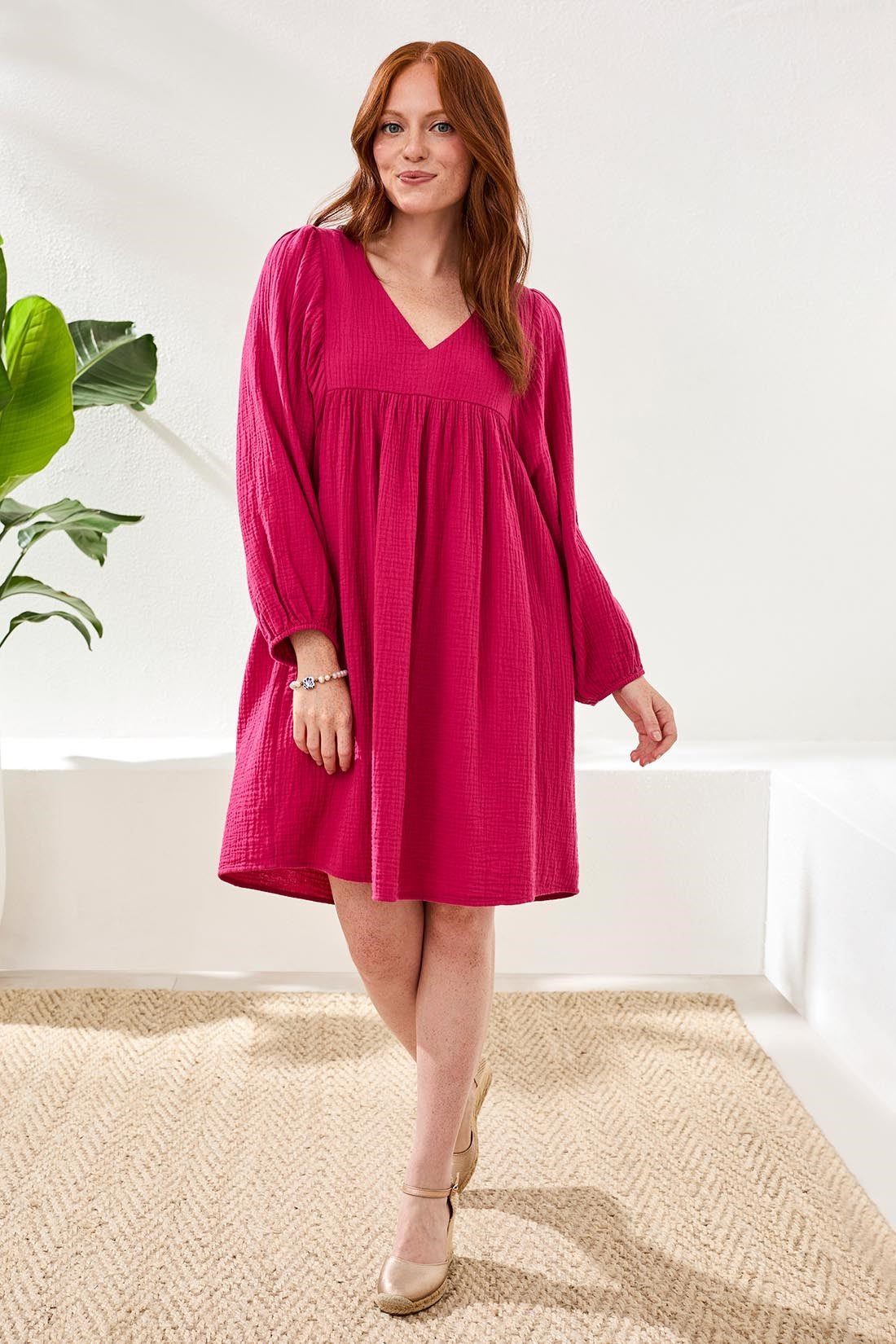 Crinkle Gauze V-Neck Empire Waist Balloon Sleeve Dress-Gardenia – Tribal® Fashion