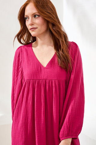 Crinkle Gauze V-Neck Empire Waist Balloon Sleeve Dress-Gardenia