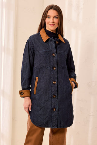Quilted Denim Suede Trim Button-Front Jacket-Rinse