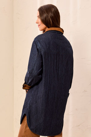 Quilted Denim Suede Trim Button-Front Jacket-Rinse