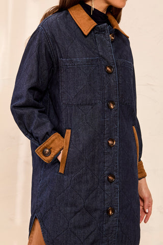 Quilted Denim Suede Trim Button-Front Jacket-Rinse