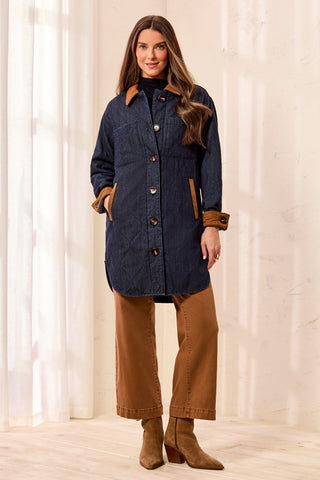 Quilted Denim Suede Trim Button-Front Jacket-Rinse