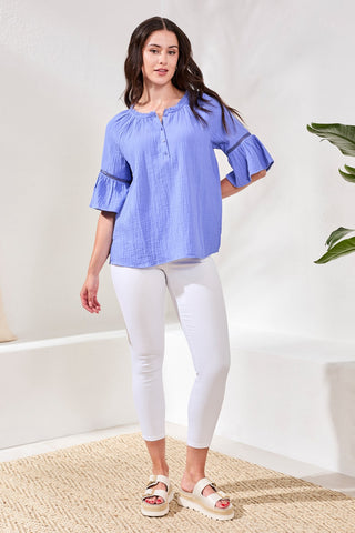 Crinkle Gauze Split-Neck Button-Front Bell Sleeve Blouse-Baja blue