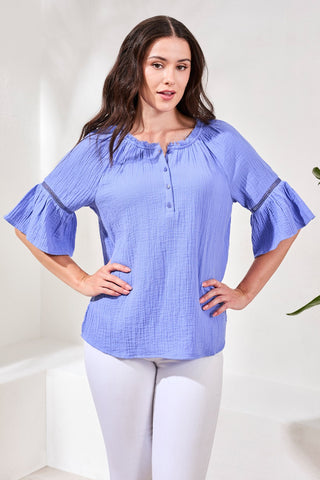 Crinkle Gauze Split-Neck Button-Front Bell Sleeve Blouse-Baja blue