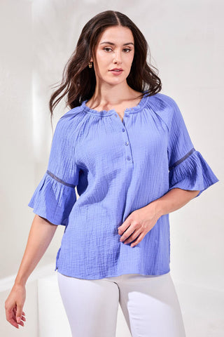 Crinkle Gauze Split-Neck Button-Front Bell Sleeve Blouse-Baja blue