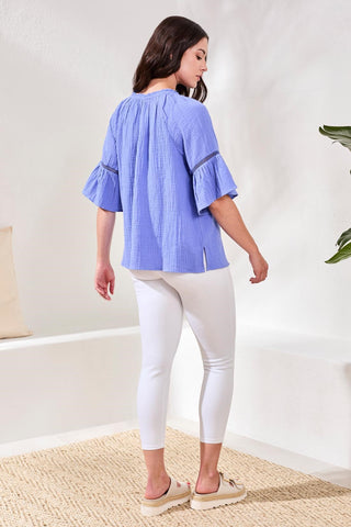 Crinkle Gauze Split-Neck Button-Front Bell Sleeve Blouse-Baja blue