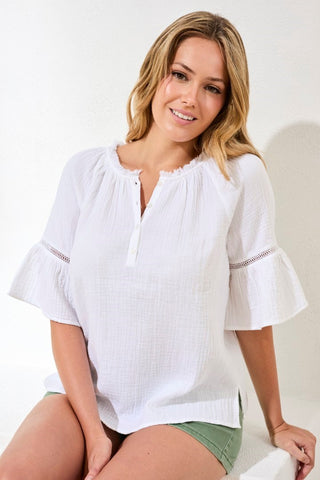 Crinkle Gauze Split-Neck Button-Front Bell Sleeve Blouse-White