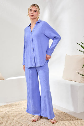 Crinkle Gauze Button-Front Tie Blouse-Baja blue