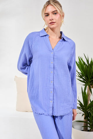 Crinkle Gauze Button-Front Tie Blouse-Baja blue