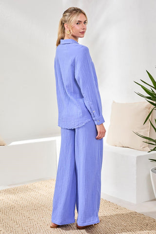 Crinkle Gauze Button-Front Tie Blouse-Baja blue