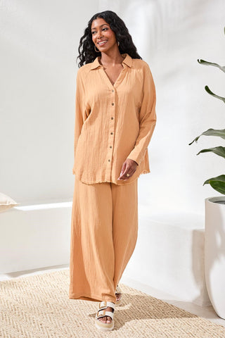 Crinkle Gauze Button-Front Tie Blouse-Saharabeige