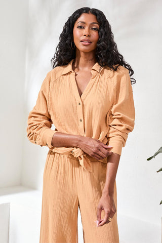 Crinkle Gauze Button-Front Tie Blouse-Saharabeige