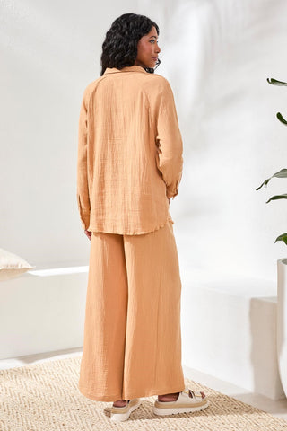 Crinkle Gauze Button-Front Tie Blouse-Saharabeige