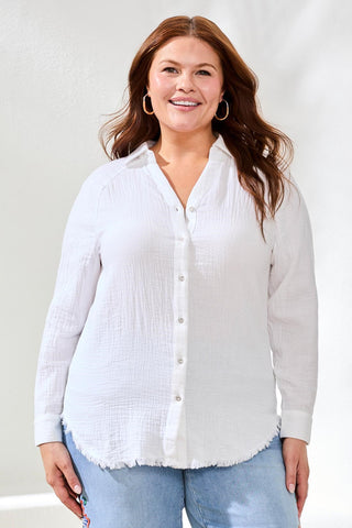 Size Inclusive Crinkle Gauze Button-Front Collared Shirt-White