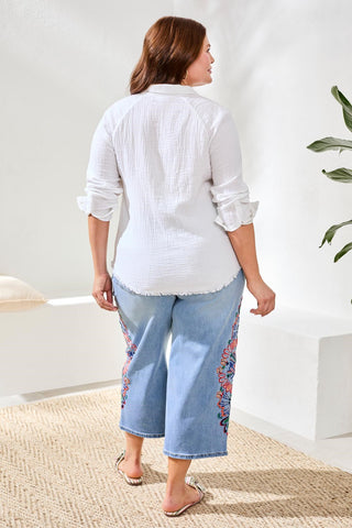 Size Inclusive Crinkle Gauze Button-Front Collared Shirt-White
