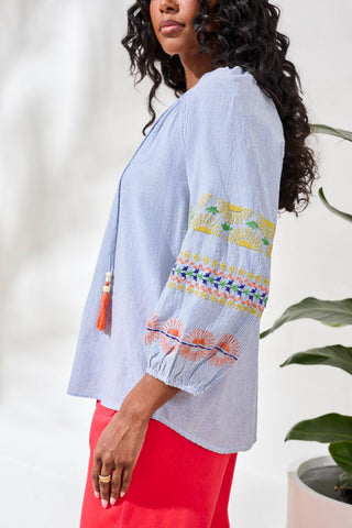 Embroidered Balloon Sleeve Tassel Tie Notch Neck Blouse-Baja blue