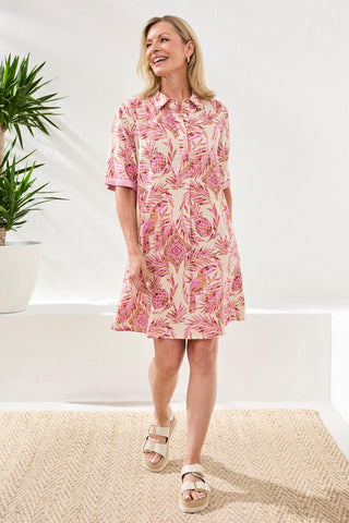 Linen Rayon Short Sleeve Collared Shift Dress-Wisteria