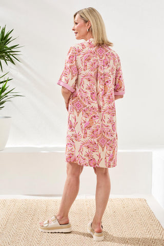 Linen Rayon Short Sleeve Collared Shift Dress-Wisteria