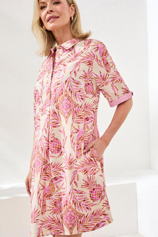 Linen Rayon Short Sleeve Collared Shift Dress-Wisteria