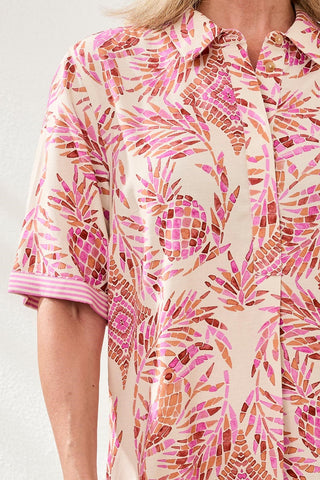 Linen Rayon Short Sleeve Collared Shift Dress-Wisteria
