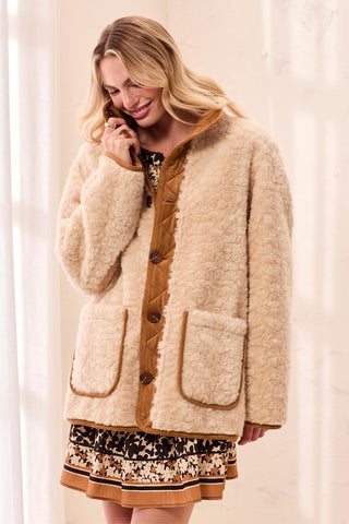 Reversible Faux Suede and Sherpa Fur Funnel Neck Jacket-Walnut