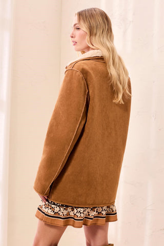 Reversible Faux Suede and Sherpa Fur Funnel Neck Jacket-Walnut