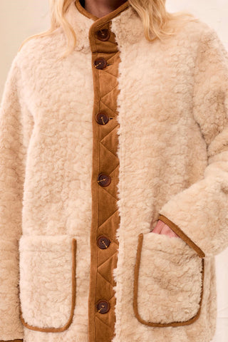 Reversible Faux Suede and Sherpa Fur Funnel Neck Jacket-Walnut