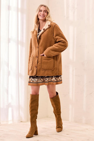 Reversible Faux Suede and Sherpa Fur Funnel Neck Jacket-Walnut