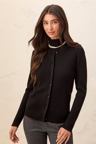 Cardigan Boutonné En Tricot Côtelé -Noir