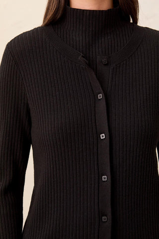 Cardigan Boutonné En Tricot Côtelé -Noir