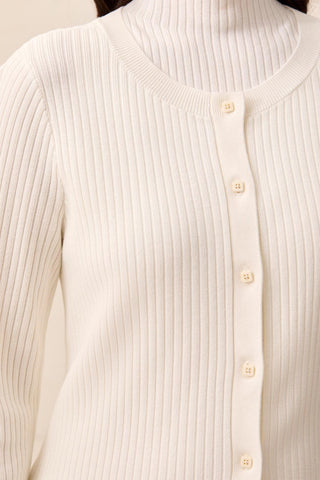 Cardigan Boutonné En Tricot Côtelé -Crème