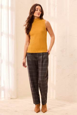 Ribbed Funnel Neck Sleeveless Knit Tank-Buff