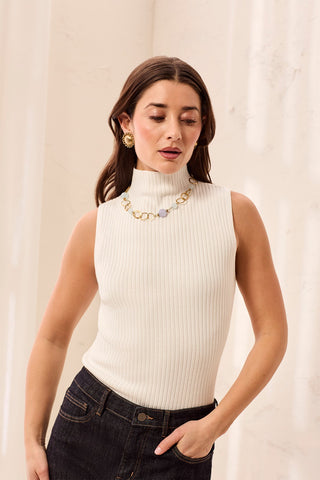 Ribbed Funnel Neck Sleeveless Knit Tank-Cream