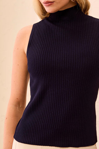 Ribbed Funnel Neck Sleeveless Knit Tank-Sapphire