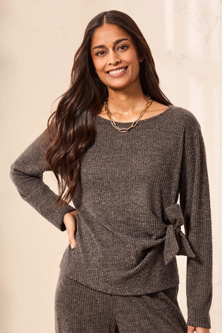 Ribbed Knit Boat Neck Top With Side Bow-Tie Detail-Charcoal