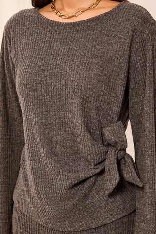 Ribbed Knit Boat Neck Top With Side Bow-Tie Detail-Charcoal