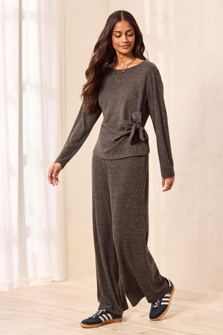 Ribbed Knit Boat Neck Top With Side Bow-Tie Detail-Charcoal