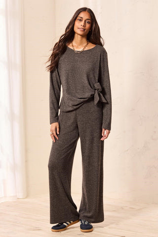 Pantalon Détente Fluide À Taille Haute En Maille Côtelée-Charbon