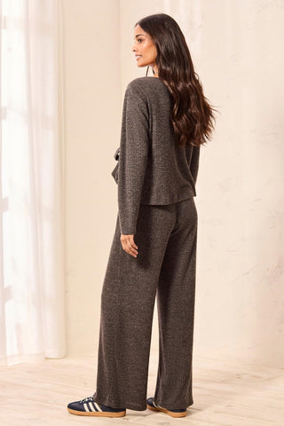 Pantalon Détente Fluide À Taille Haute En Maille Côtelée-Charbon