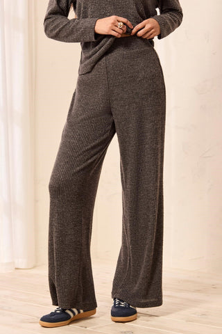 Pantalon Détente Fluide À Taille Haute En Maille Côtelée-Charbon