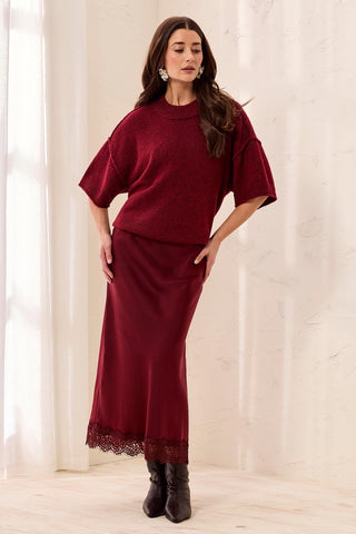 Jupe Midi En Satin Avec Ourlet En Dentelle-Cerise